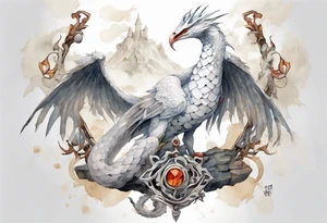 a white bird-serpent hybrid, wearing a iron crown, sitting on a stone tattoo idea
