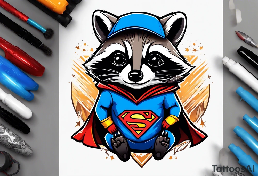 raccoon wearing a Superman hoodie tattoo idea