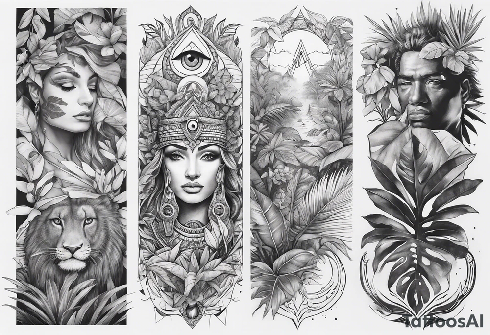 full sleeve tattoo with jungle plants and the all-seeing eye tattoo idea
