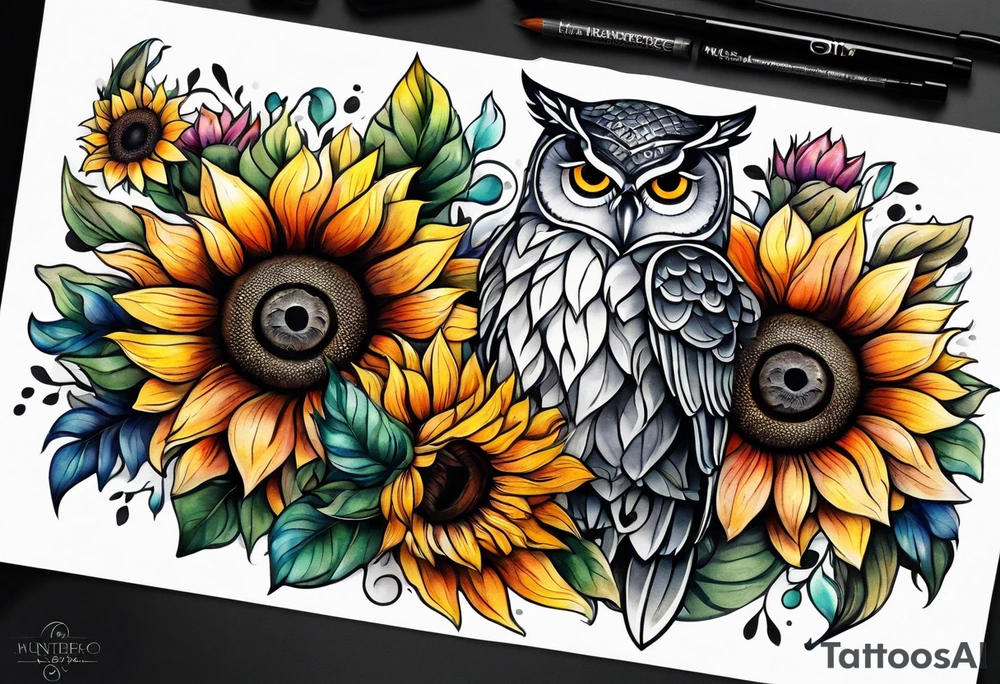 Leg sleeve with colorful sunflowers and an owl tattoo idea