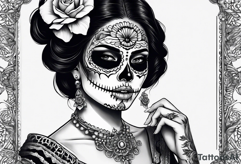 realistic mexican la catrina tattoo, finger on her lip, black hair, skeleton bone tattoo on her hand tattoo idea