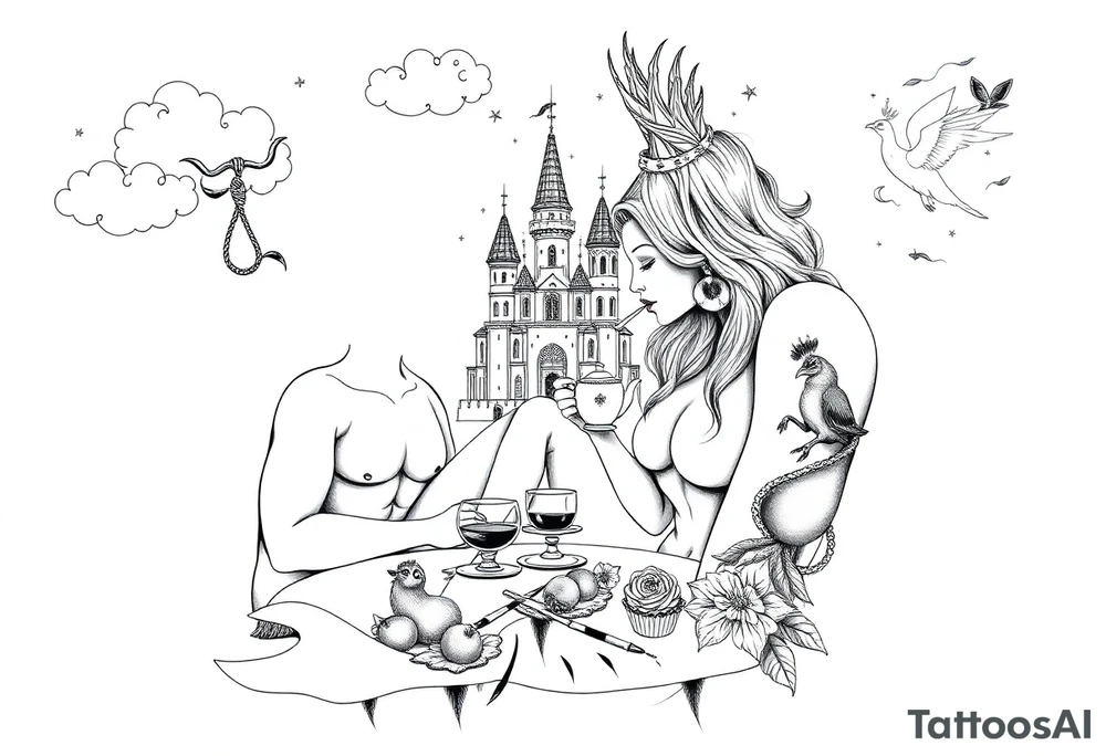 Mystical Naked Man and woman having sex eating cupcakes and  fruit  having sex clouds gothic sexy naked fat lady having a tea party with tea pot with fancy castle  
with a pigs, peacock, noose, lion, goat, smoking cigerettes looking in the mirror thru storm clouds with razor blades and broken hearts and darkness and wrath, envy , gluttony, greed, sloth, pride kill tattoo idea