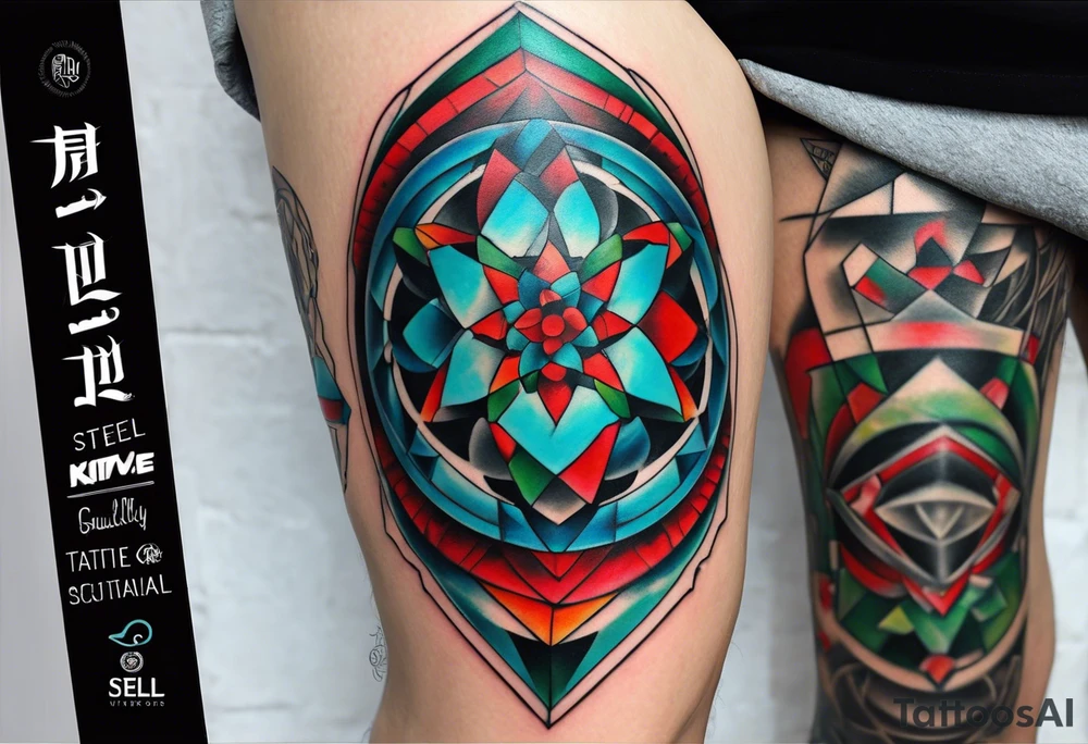 geometric style tattoo on knee with baby blue, red, and green accents. steel helical pier tattoo idea