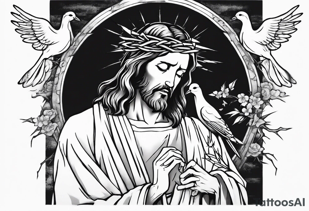 Jesus with thorns and crying, doves, lambs, tattoo idea