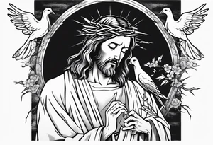 Jesus with thorns and crying, doves, lambs, tattoo idea