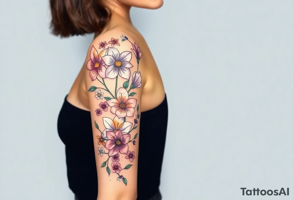This is a tattoo of a string of flowers in bloom and is on a woman. It starts on her left side of the chest on the pectoral with a Glaiolus and Daisy pushed together. The tattoo rises over the left shoulder and down the arm and ends at the elbow. The tattoo will feature a primroses, Calla Lilys, and Lillys. They can have multiple flowers but 1 of each will pop with shading and be colored in. tattoo idea