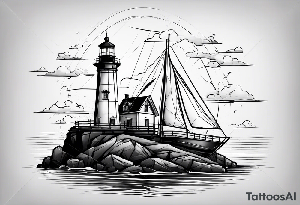maritime lighthouse partially hidden by its  large fixed sails. tattoo idea