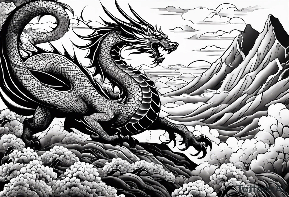 beautiful warrior nymph riding a dragon and the background will be mountains, clouds, and a Japanese building tattoo idea