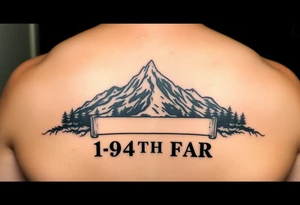 American traditional style with a mountain and the field artillery logo for the ar,y and the saying 1-94TH FAR tattoo idea