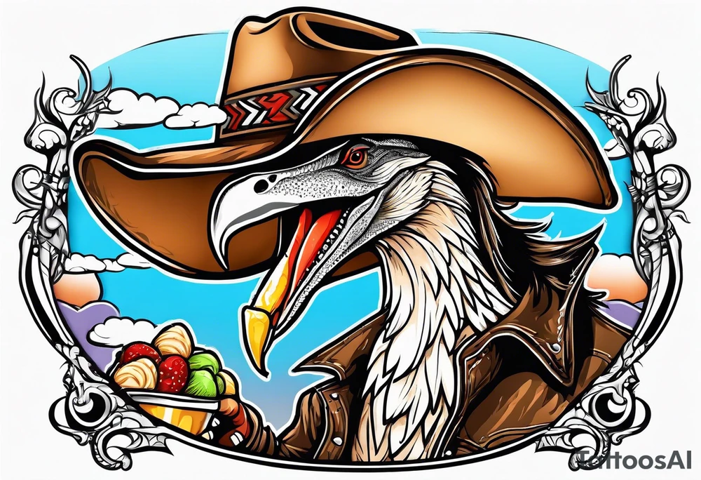 Pterodactyl wearing a cowboy hat eating ice cream sundae tattoo idea