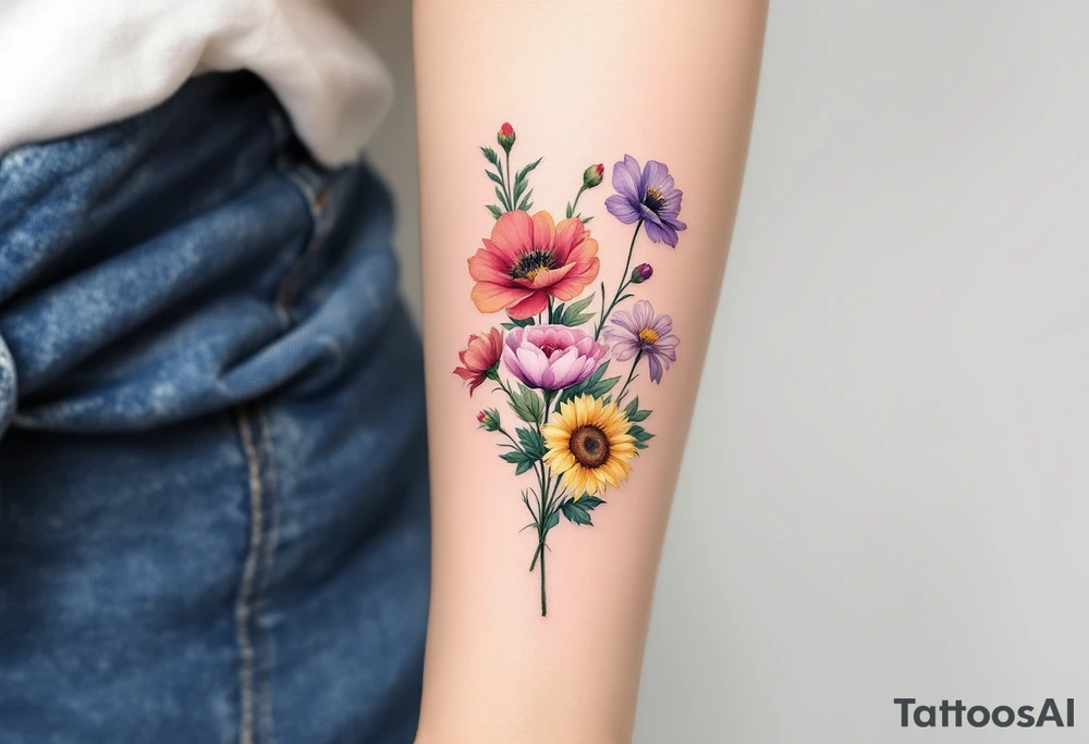 Small watercolour style bunch of wild flowers including lillium orientalis, sunflowers, poppies and peonies to be placed on forearm. Use the watercolour style with no outline on the florals. tattoo idea