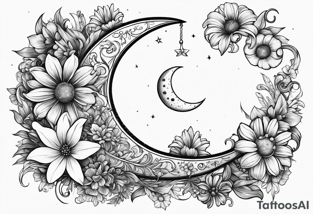 Crescent moon with daisy's, lily’s, crystals, and mushrooms tattoo idea