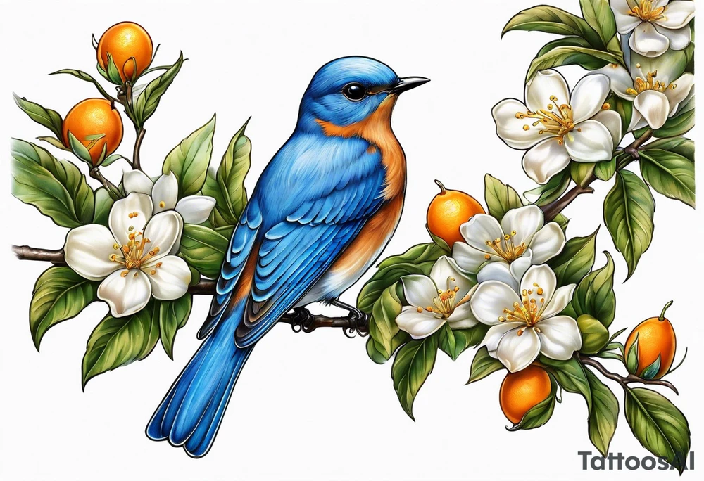 bluebird
 leaving on an orange blossom branch with its wings up tattoo idea