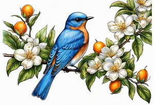 bluebird
 leaving on an orange blossom branch with its wings up tattoo idea