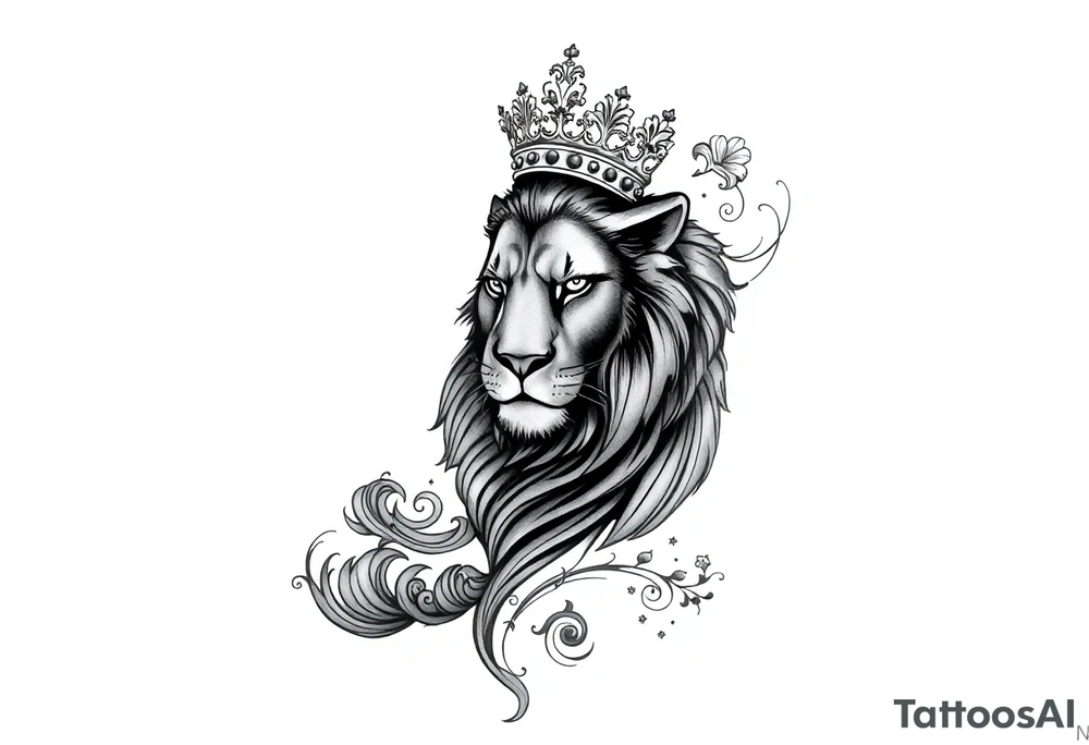 majestic lion wearing ornate crown, surrounded by baroque flourishes tattoo idea