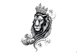 majestic lion wearing ornate crown, surrounded by baroque flourishes tattoo idea