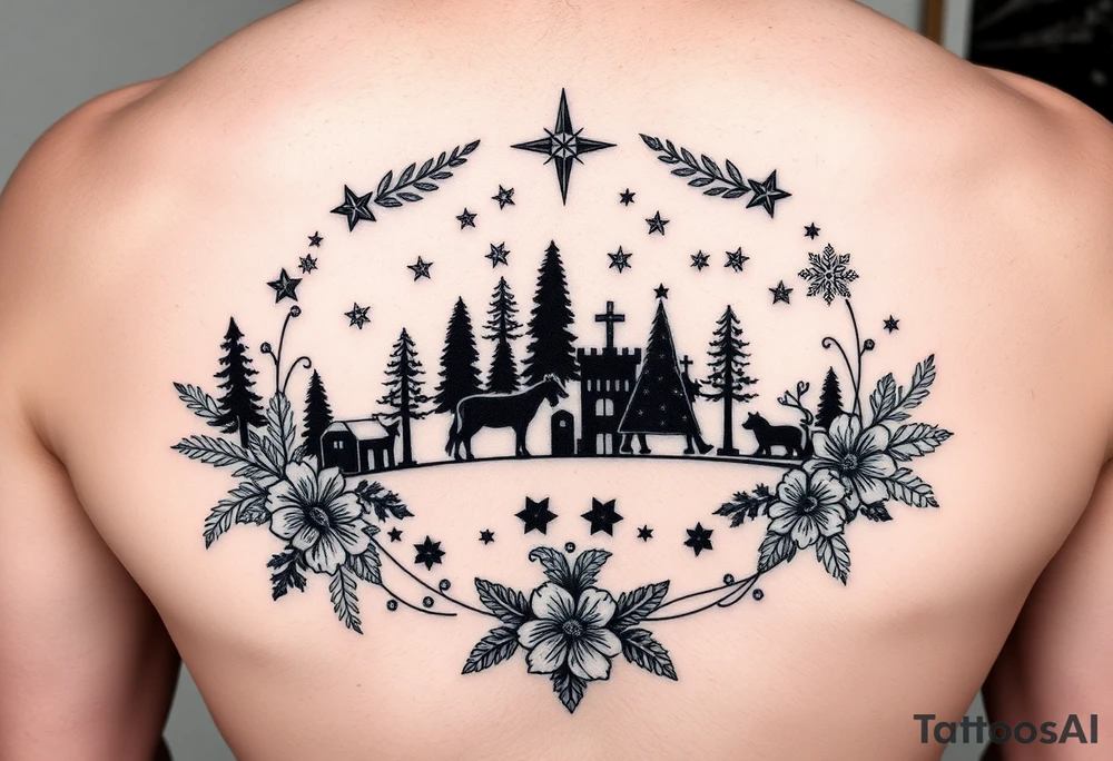 silhouettes of christmas and winter elements surrounded by floral ornaments and stars tattoo idea