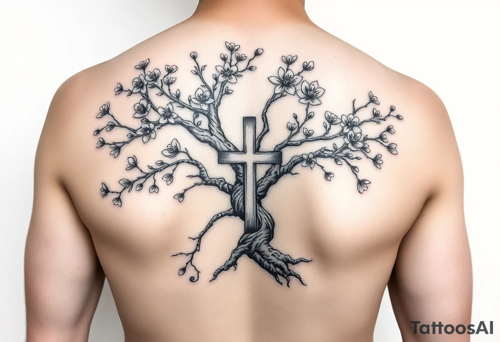 tree of life with cherry blossoms with the cross inside and some of the branches wrapping around it on my inner arm tattoo idea