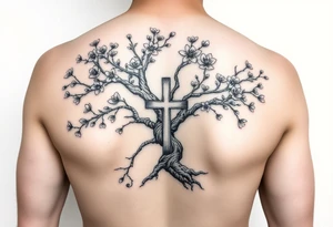 tree of life with cherry blossoms with the cross inside and some of the branches wrapping around it on my inner arm tattoo idea