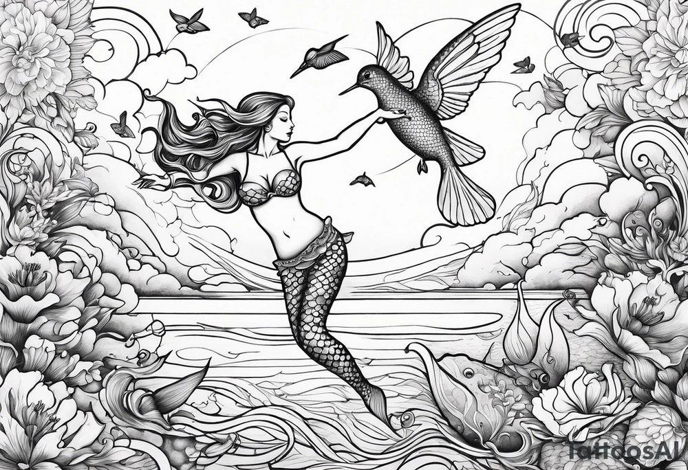 Mermaid jumping out of water to touch a hummingbird tattoo idea