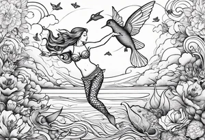 Mermaid jumping out of water to touch a hummingbird tattoo idea