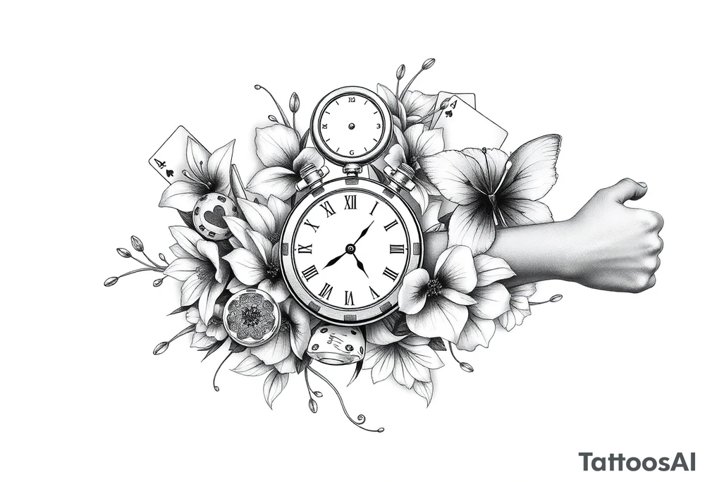 Casino only theme , poker chips deck of cards dice a pocket watch
 with lily flowers
 with raindrop swirls and butterfly’s tattoo idea