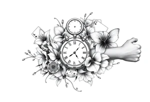 Casino only theme , poker chips deck of cards dice a pocket watch
 with lily flowers
 with raindrop swirls and butterfly’s tattoo idea