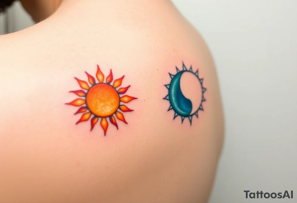 Matching sun and moon tattoos for father and kid in warm orange and cool blue signify balance and harmony between father and kids. tattoo idea