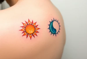 Matching sun and moon tattoos for father and kid in warm orange and cool blue signify balance and harmony between father and kids. tattoo idea