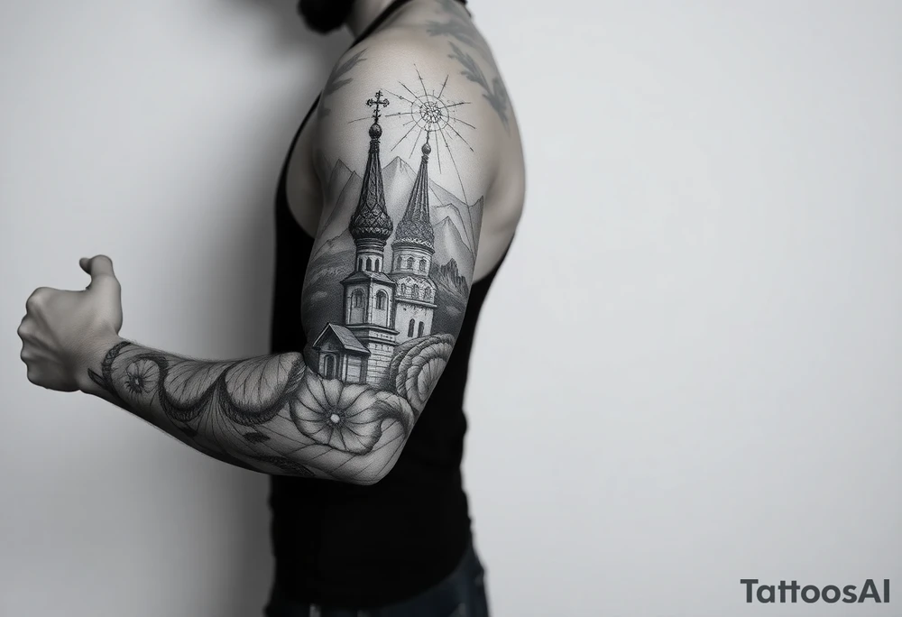 russian orthodox christian left arm tattoo with st basils cathederal in a mountainous setting tattoo idea