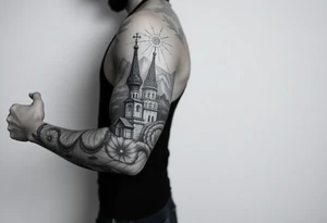 russian orthodox christian left arm tattoo with st basils cathederal in a mountainous setting tattoo idea