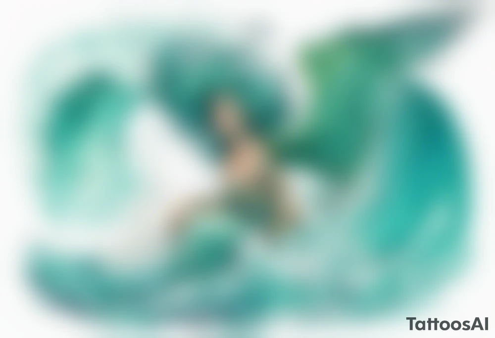 a beautiful turquoise harpie emerging from an ocean wave, crashing onto the shore tattoo idea