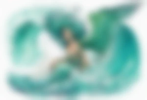 a beautiful turquoise harpie emerging from an ocean wave, crashing onto the shore tattoo idea