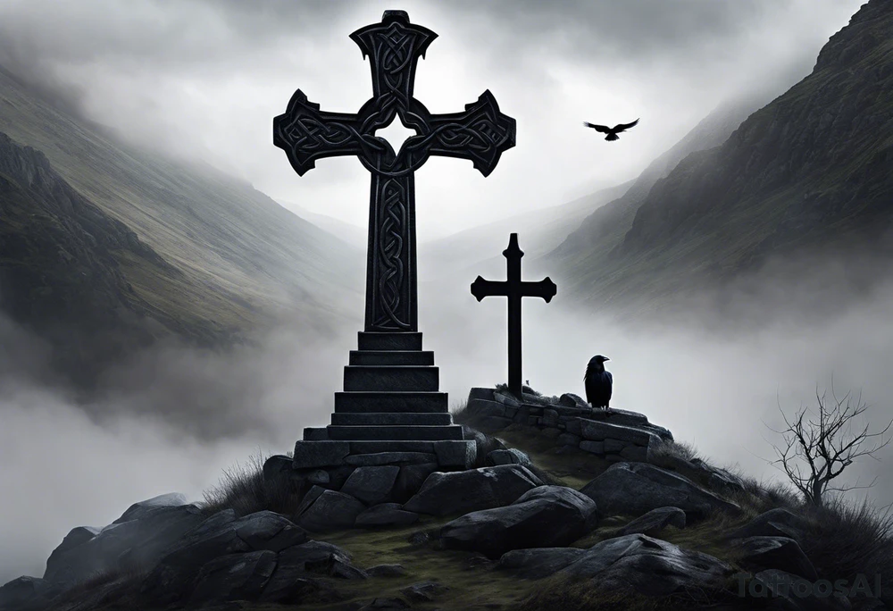 A stone Celtic cross solemnly standing atop a hill, a raven perches atop the cross staring out over the desolation. A ruined stone wall lies crumbling near the cross. Mist rolls along the hilltops adding to the melancholic nature of the scene tattoo idea