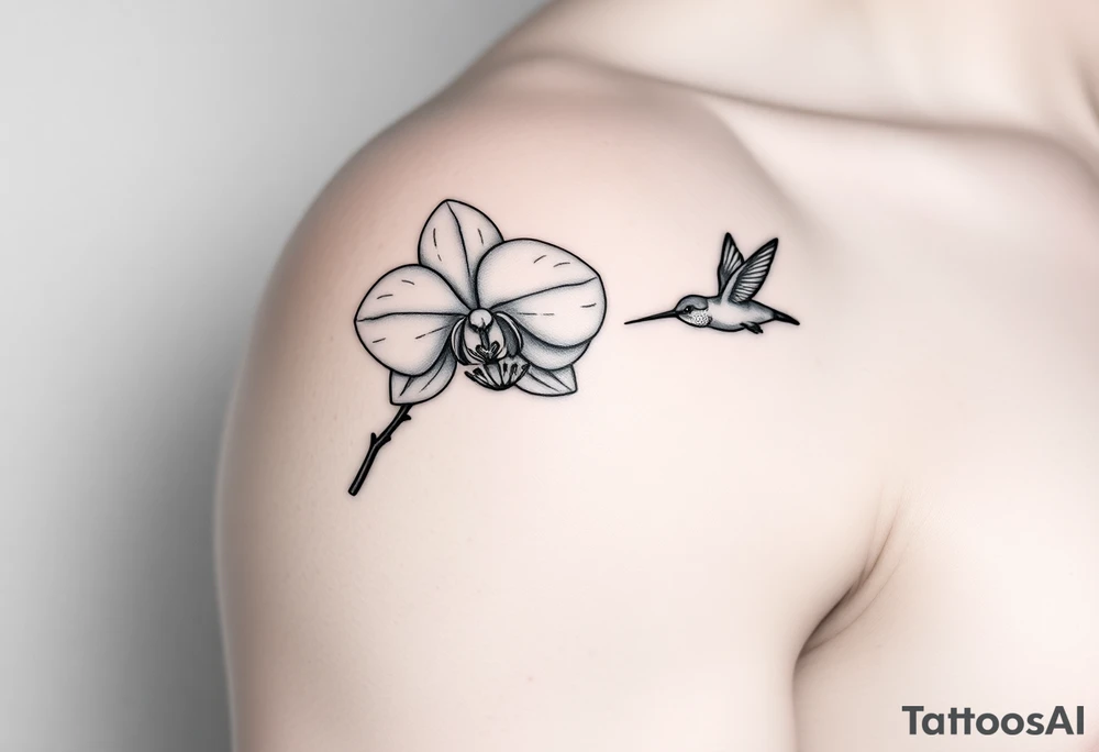 A delicate, black and white fine-line tattoo for male, featuring a gracefully detailed orchid in full bloom (stem and at least 2 flowers in full bloom), with soft, intricate petals and elegant curves. Beside it, a hummingbird hovers mid-flight, its wings drawn with subtle motion lines, its slender beak reaching toward the orchid’s center to drink its nectar. The design captures a sense of balance and harmony, with the contrast between the stillness of the flower and the gentle energy of the bird. Perfectly suited for the upper arm, this piece combines nature’s beauty and movement in a timeless, minimalist style. on the other flower there is a bee that's resting tattoo idea