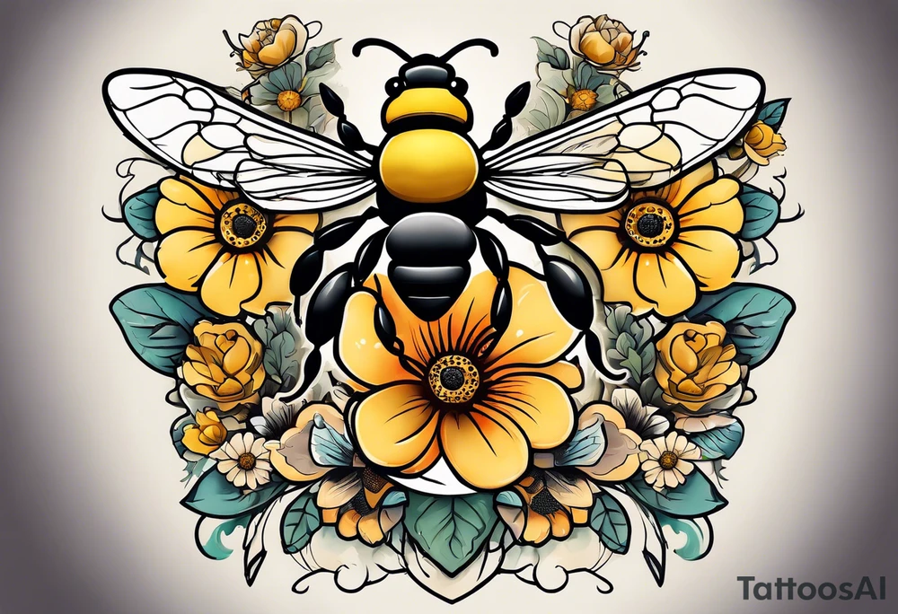 a tattoo with beehive flowers bees and queen bee signifying a mothers love guidance and bond with her daughters and granddaughter tattoo idea