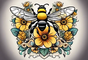 a tattoo with beehive flowers bees and queen bee signifying a mothers love guidance and bond with her daughters and granddaughter tattoo idea