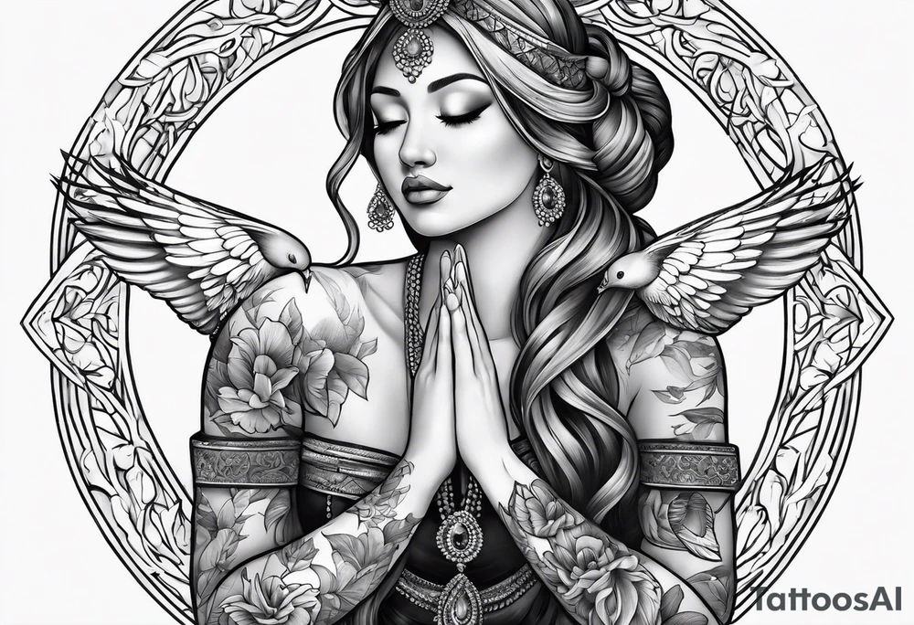 Woman praying hands with doves tattoo idea