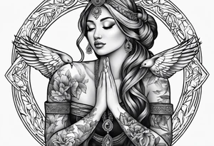 Woman praying hands with doves tattoo idea