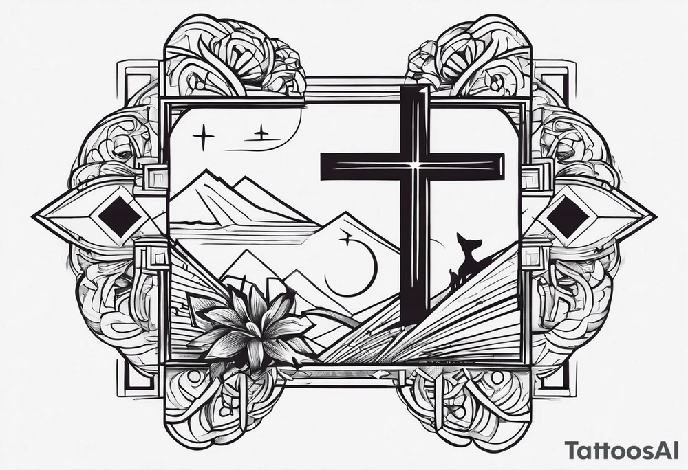 A minimalist tattoo to draw on my right arm with a mix with the cross of Jesus and with some things symbolizing my wife, my daughter, my 2 dogs, some musical elements about keyboards and pianos too and some elements that remember Brazil and the USA tattoo idea