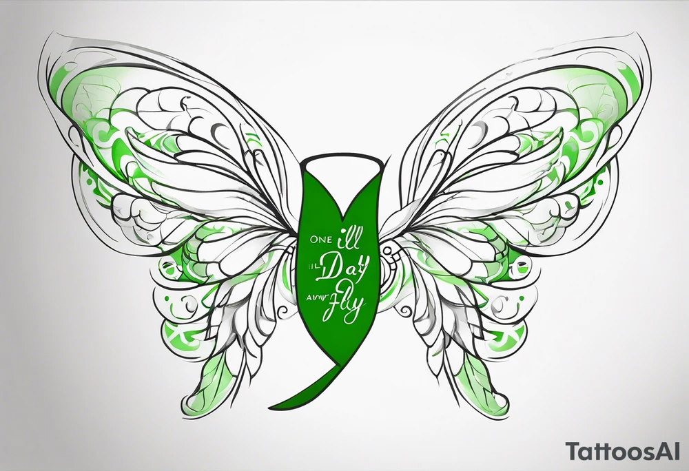 Green fairy wings with text “one day I’ll fly away” tattoo idea