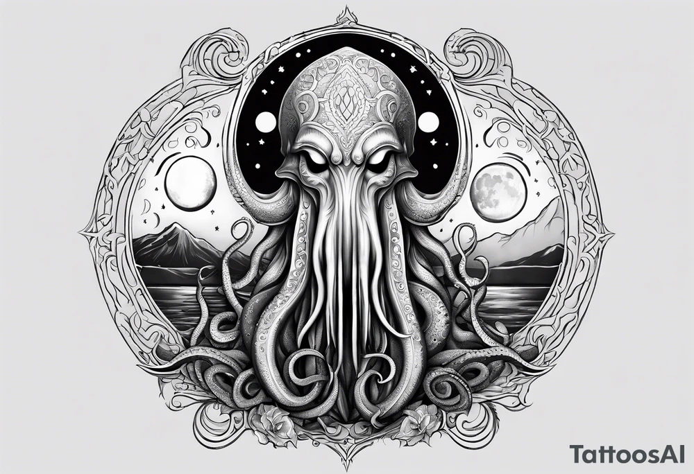 cthulu emerges from the water with the moon phases tattoo idea