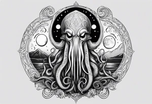 cthulu emerges from the water with the moon phases tattoo idea