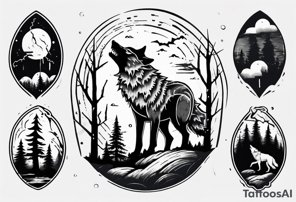 thunderstorm over a forest with a wolf howling on drums tattoo idea thunderstorm over a forest with a wolf howling on drums tattoo idea