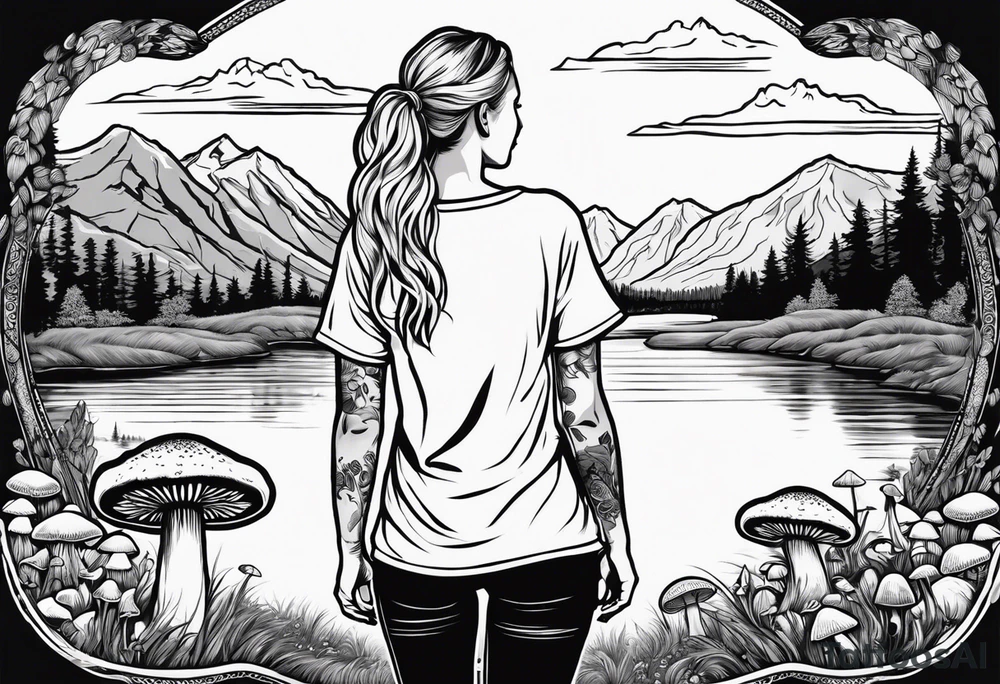 Whole picture encircled fully

Straight long blonde hair hippie girl in distance holding mushrooms in hand facing away toward mountains and creek surrounded by mushrooms tee shirt and hiking pants; whole rendering within a full circle, no cut off circle tattoo idea