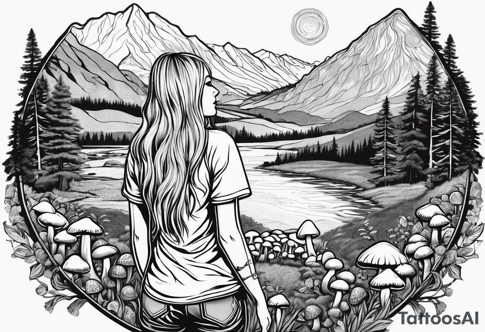 Whole picture encircled fully

Straight long blonde hair hippie girl in distance holding mushrooms in hand facing away toward mountains and creek surrounded by mushrooms tee shirt and hiking pants; whole rendering within a full circle, no cut off circle tattoo idea