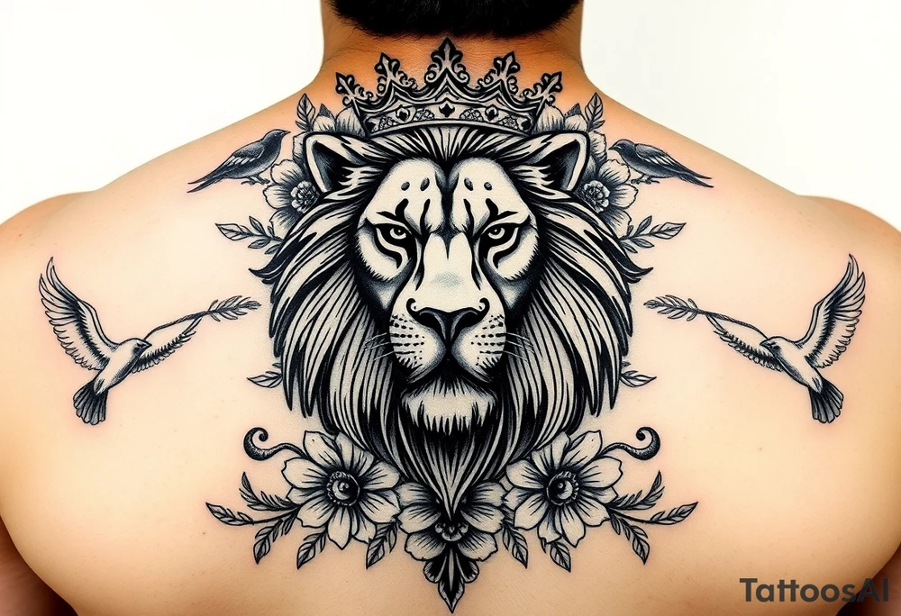 powerful majestic lion with a crown, surrounded by floral ornaments and birds tattoo idea