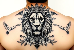 powerful majestic lion with a crown, surrounded by floral ornaments and birds tattoo idea