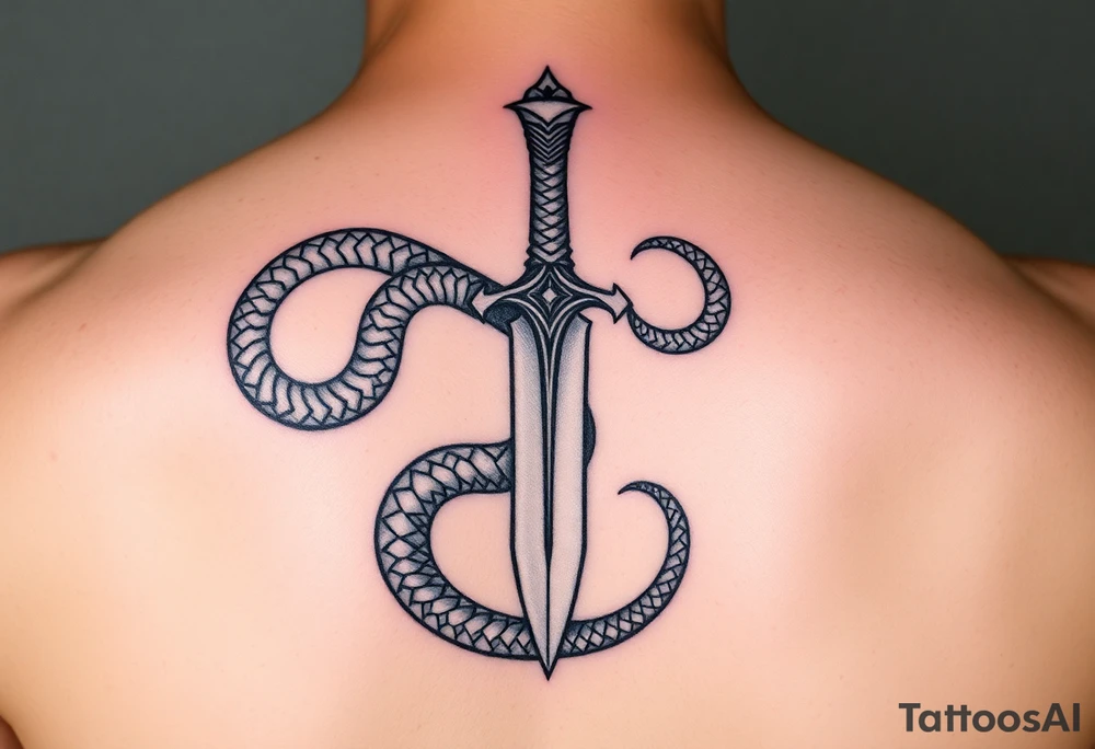 mystical snake coiled around an ancient dagger with jeweled hilt tattoo idea