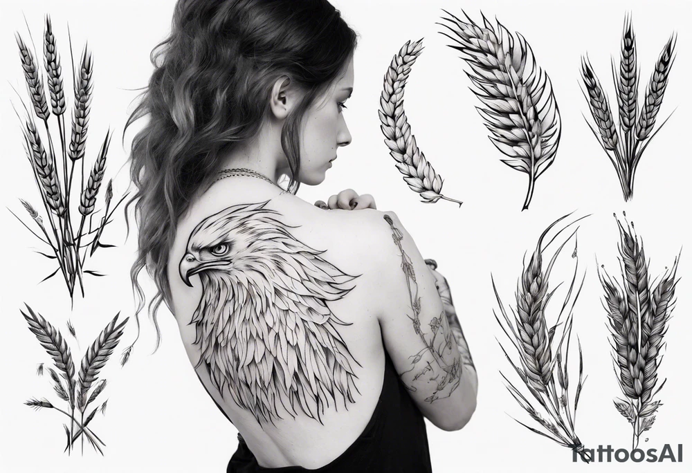 girl holding wheat eagle tattoo idea